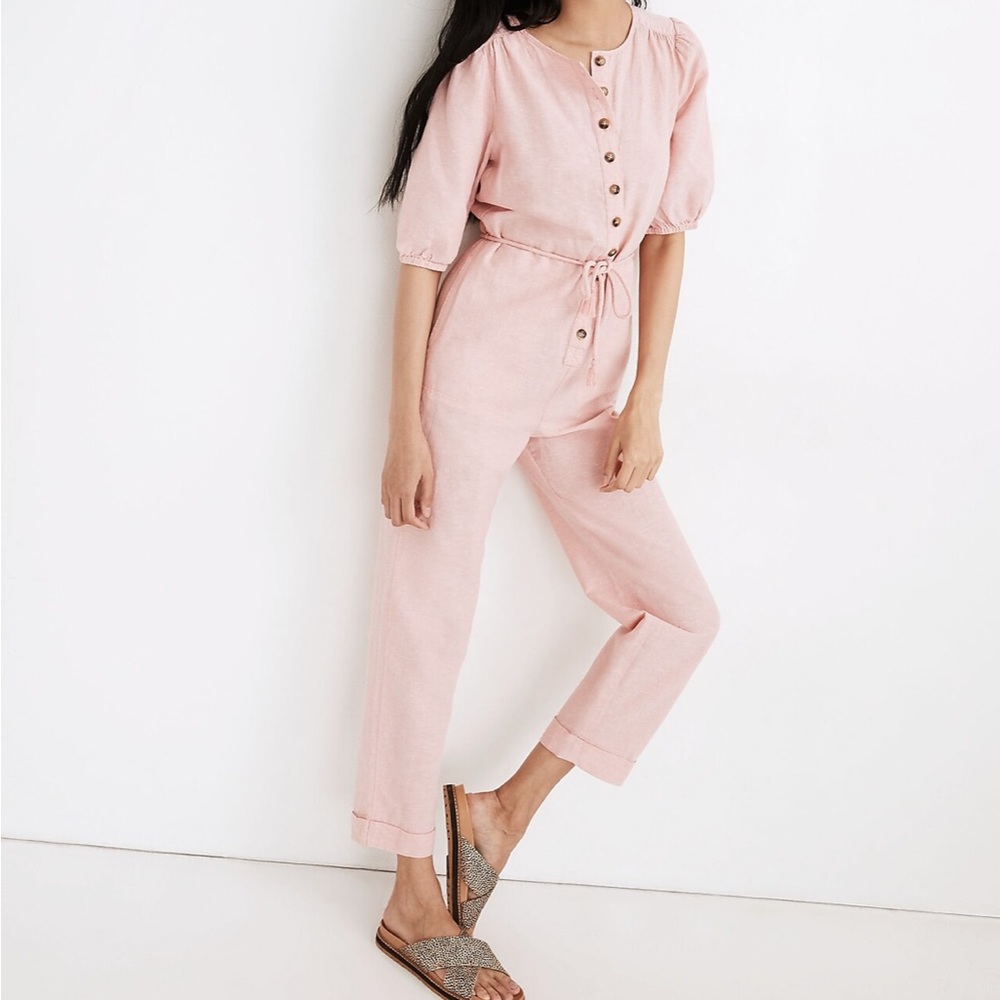 NEW WITH TAGS Madewell Size XS Linen Blend Pink Puff-Sleeve Tassel-Tie Jumpsuit